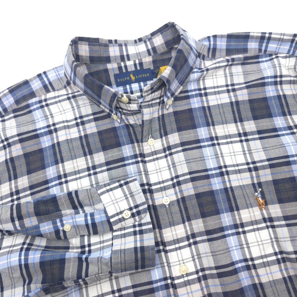 Ralph Lauren Men 2XB Blue Plaid Long Sleeve Button Shirt Big & Tall Flesh Pony